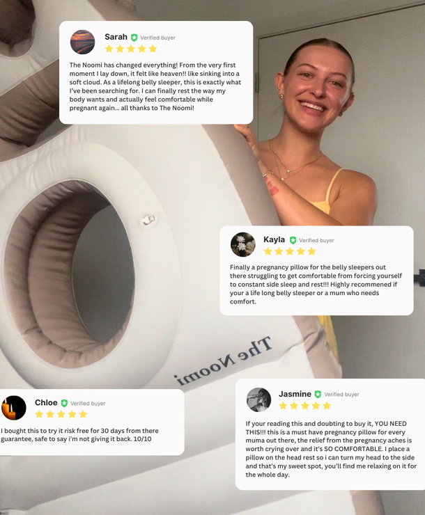Pregnancy pillow with user reviews displayed on a white background