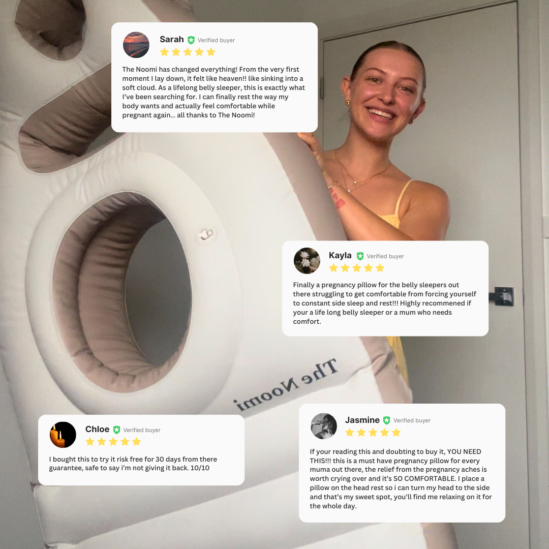 Pregnancy pillow with user reviews displayed on a white background
